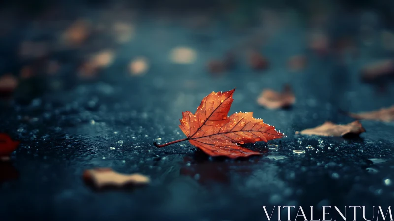 Lone maple leaf resting on rain-soaked asphalt at dusk.