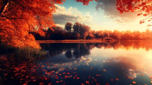 Autumn foliage borders a reflective lake under low warm light