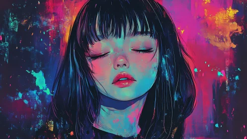 Neon hush around a dreaming girl in electric twilight.