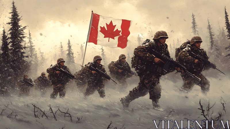 Digital war art of Canadian infantry advance in blizzard conditions.