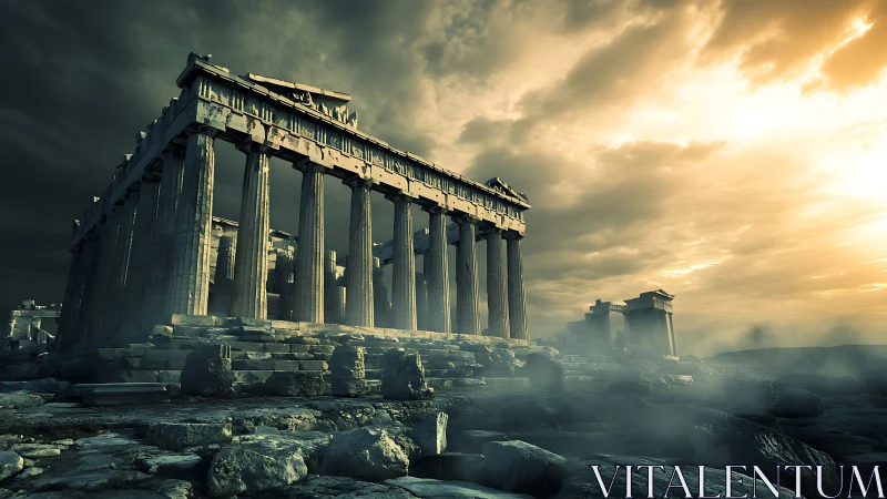 Dramatic low-angle Parthenon render under stormlit golden sky
