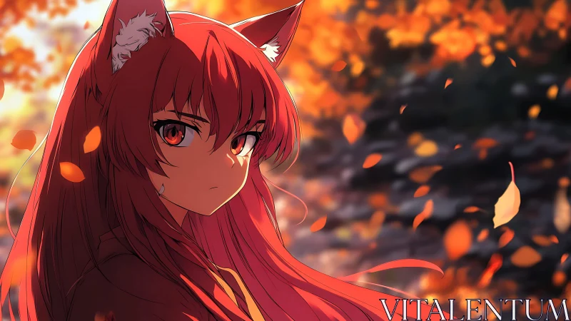 Fox-eared girl in glowing autumn breeze of falling leaves.