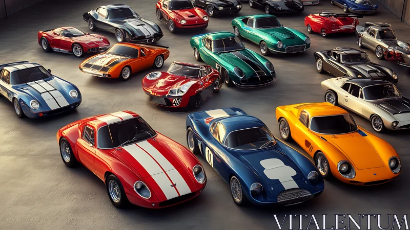 Collection of colorful classic sports cars arranged in rows