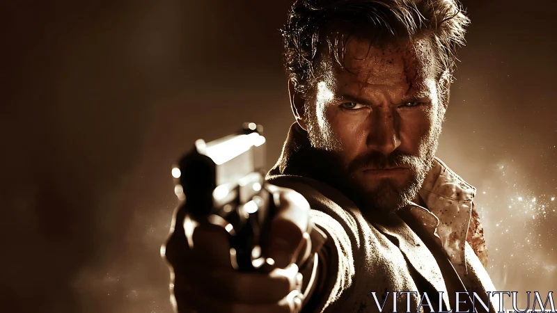 Bearded male subject aiming handgun toward camera lens.