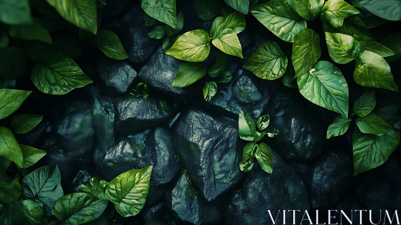 Photorealistic leaf canopy over wet river stones composition.