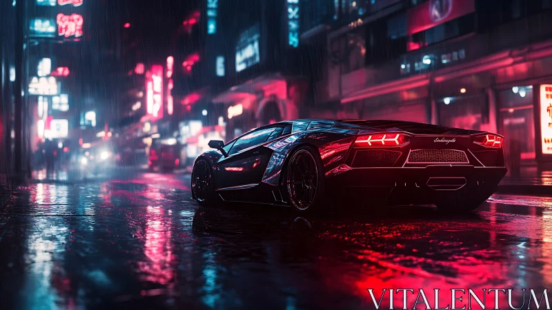Supercar on neon soaked night street in heavy rain.