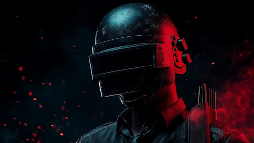 Armored tactical soldier stands in red smoke-lit darkness