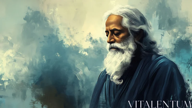 Elderly sage in contemplative silence against soft blues.