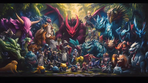 Large fantasy ensemble of warriors with diverse creatures.