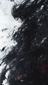 Brooding dark hero wrapped in swirling shadows and snow.