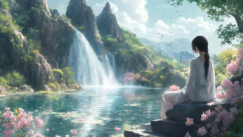 Solitary figure beside alpine waterfall lagoon in spring light