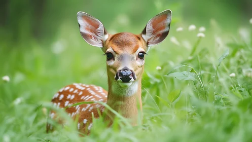 Shallow-depth wildlife portrait of young fawn in meadow focus.