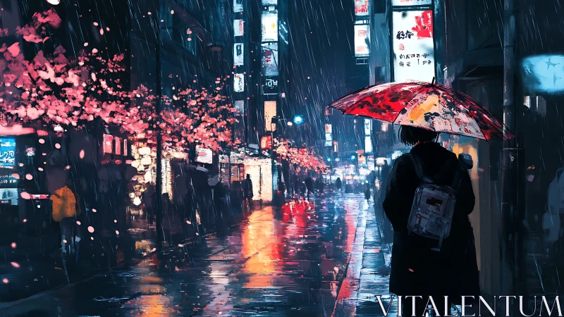 Midnight neon rainwalk under cherry blossom echoes.