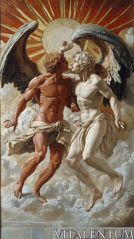 Two winged male figures in dramatic sunlit cloud scene.