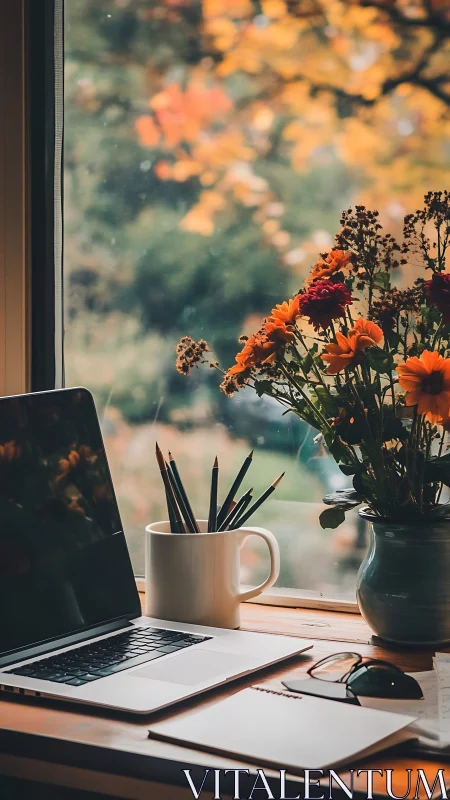 Cozy autumn desk overlooks a soft-focus garden view