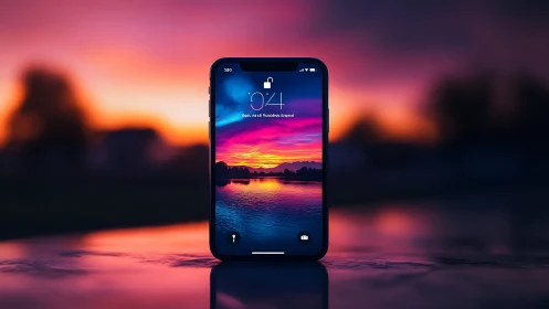 iPhone Lock Screen Displays Vibrant Sunset Reflection.