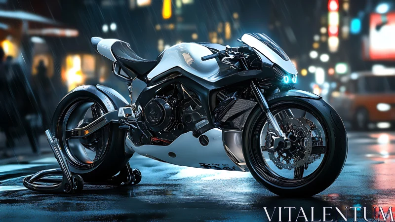 Cybernetic sport motorcycle on wet neon city street at night.