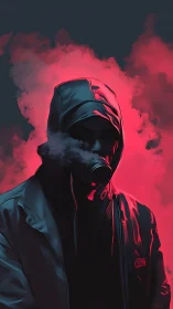 Hooded gas-mask figure stands in red backlit smoke haze