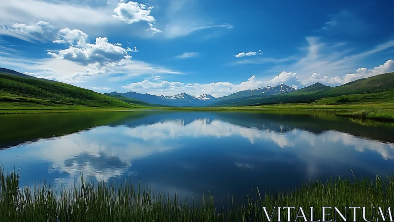 Photoreal landscape with mirrored alpine lake symmetry.
