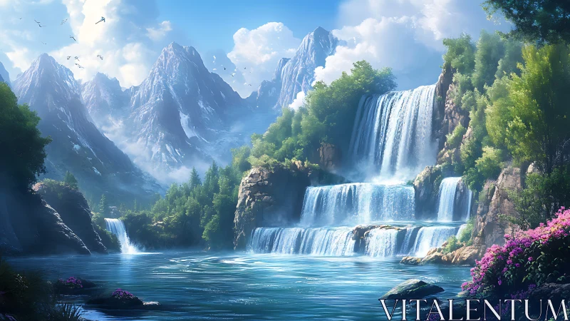 Multi tier waterfall amid conifer slopes and alpine peaks.