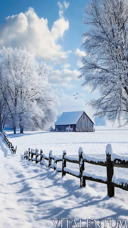 Frost-kissed farmhouse dreaming beneath a bright winter sky.