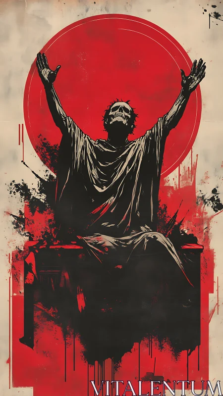 Skeletal prophet worships under blood red eclipse.