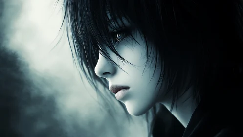 Melancholic side-profile portrait with ethereal teal lighting.