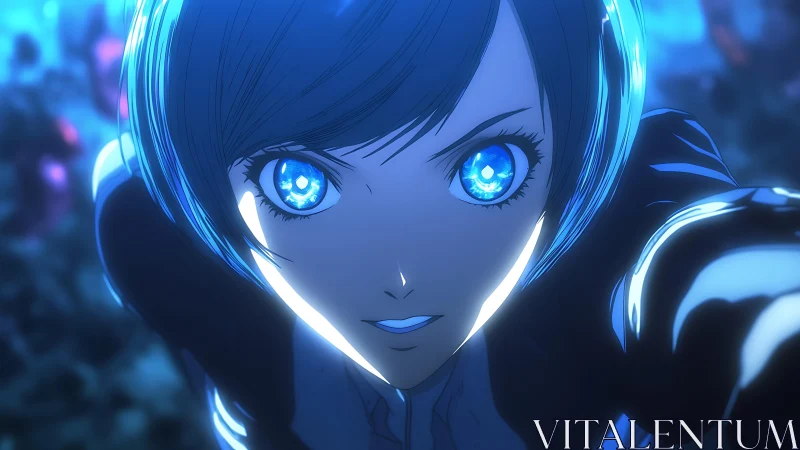 Cybernetic heroine charges forward with glowing azure eyes.
