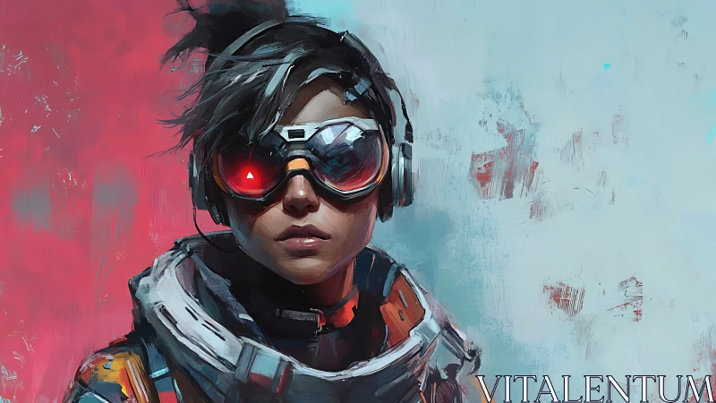 Futuristic pilot portrait with asymmetric bicolor background and visor