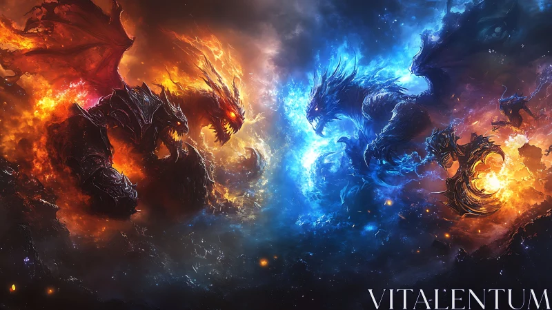 Elemental fire and ice dragons locked in cosmic battlefield