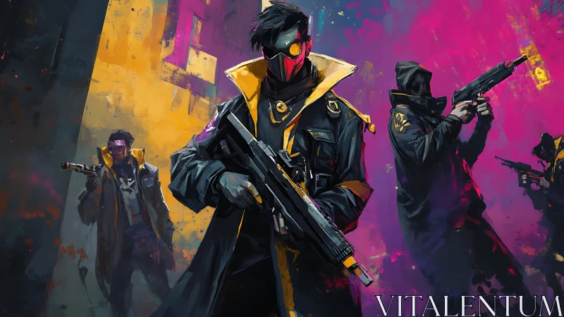 Neon masked squad stalking through a glowing urban alleyway.