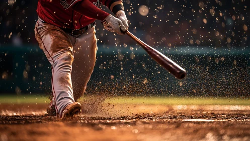 Baseball batter in mid-swing with dirt and particles suspended.