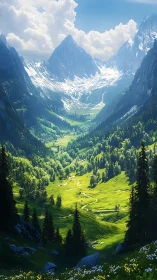 High dynamic alpine valley panorama with snowcapped peaks