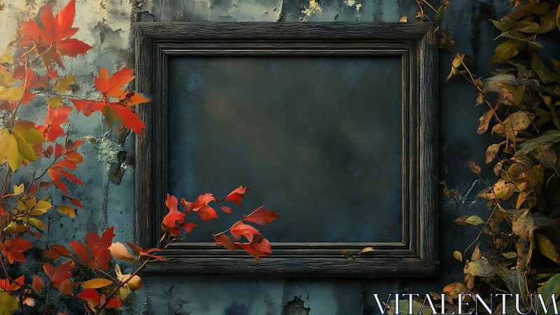 Empty weathered frame on blue wall with surrounding foliage.