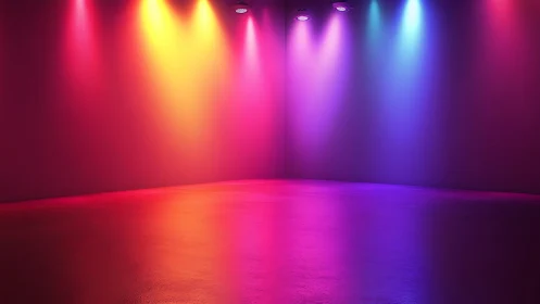 Colored stage lighting illuminates an empty reflective room