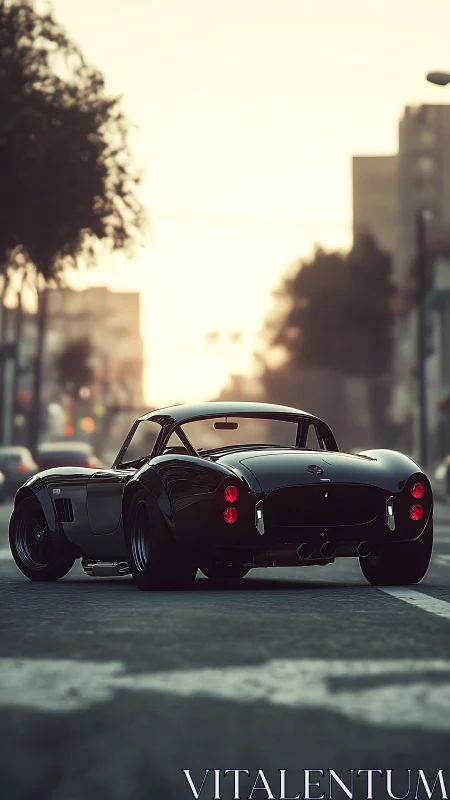 Black sports car on city street at sunset, rear perspective.