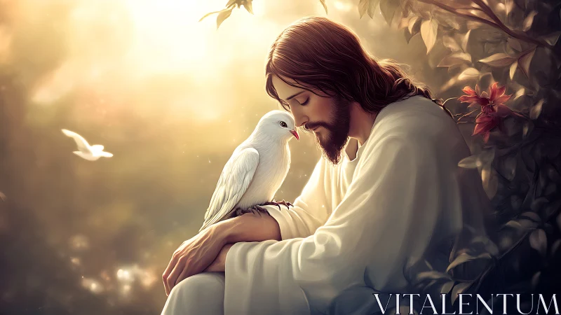 Gentle figure with dove in serene nature, soft sunlight, digital art.