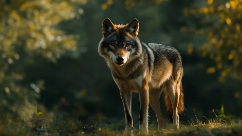 Photorealistic wolf portrait in shallow-depth forest bokeh field.