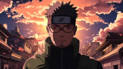 Sunset-illuminated shinobi portrait with urban village backdrop.