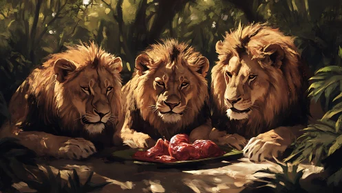 Three Lions Resting in Dappled Jungle Sanctuary With Fresh Kill