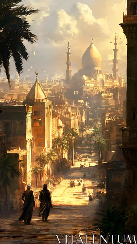 Sunlit desert city street leading to distant golden domes.