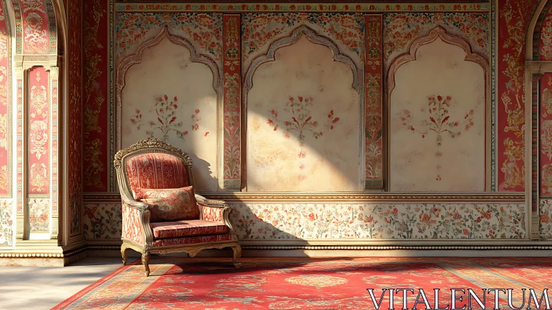 Sunlit upholstered armchair stands in ornate patterned alcove