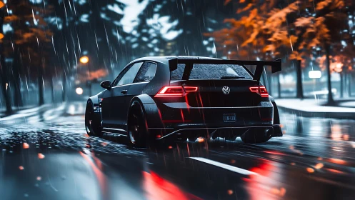Night rain chase with a sleek tuned hatchback on wet streets.