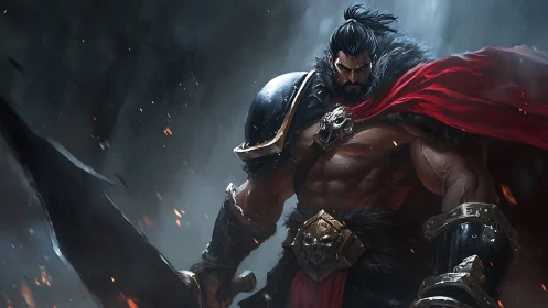 Armored barbarian warrior with broadsword in stormlit embers