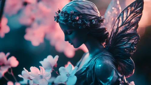 Serene fairy statue glows amid dreamy pink blossoms at dusk.
