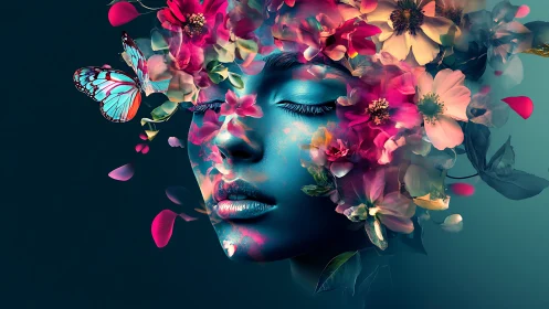Digital portrait integrates blue human face with floral elements