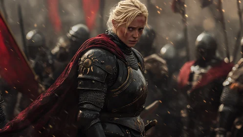 Armored female commander stands before blurred medieval troops