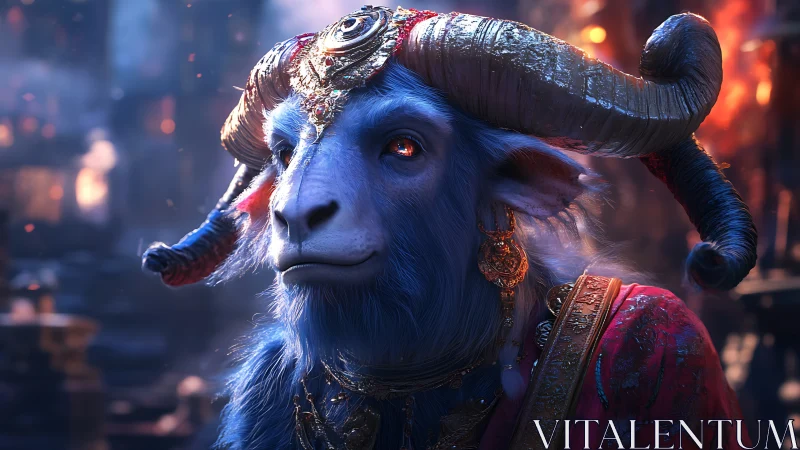 Regal blue horned creature gazes softly through ember-lit dusk