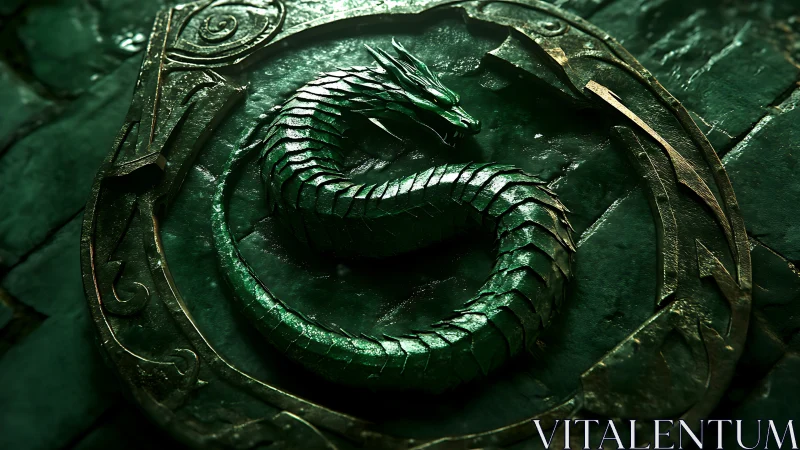 3D emerald dragon sigil in engraved circular stone setting.
