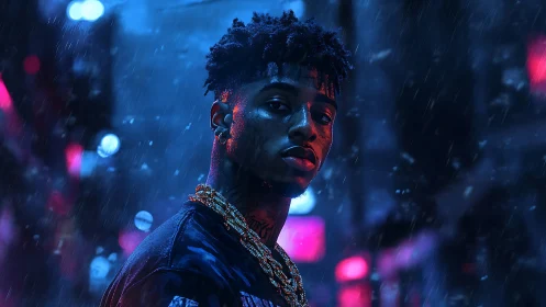 Neon-lit urban portrait isolates subject in cinematic blue contrast